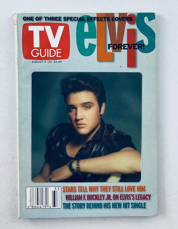 Cover of TV Guide Magazine, August 17 2002, featuring Elvis Presley. The magazine highlights a special effects cover with an image of Elvis and is labeled 'Elvis Forever!'.