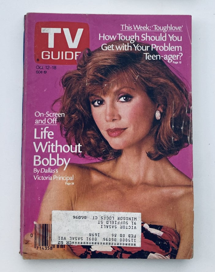 TV Guide Magazine cover from October 12, 1985 featuring Victoria Principal, known for her role in Dallas, showcasing nostalgic vintage magazine design and vibrant colors.