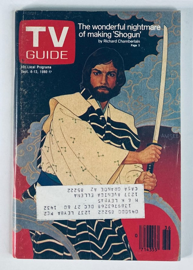 TV Guide Magazine September 6 1980 featuring Richard Chamberlain on the cover, showcasing a captivating illustration related to the making of 'Shogun'.
