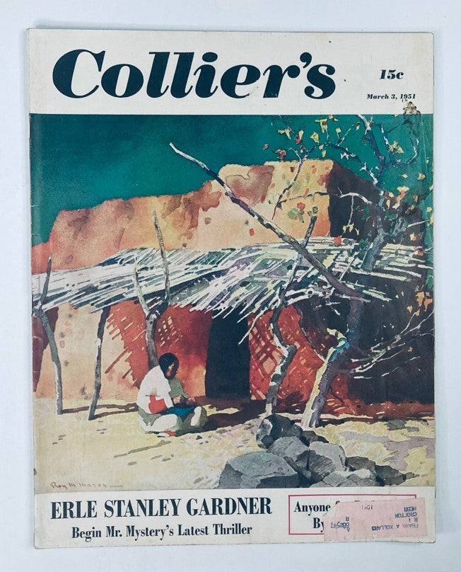 Vintage Collier's Magazine cover from March 3, 1951, featuring Erle Stanley Gardner's thriller 'Begin Mr. Mystery's Latest Thriller', showcasing a colorful illustration and reflecting the aesthetics of early 1950s publications.