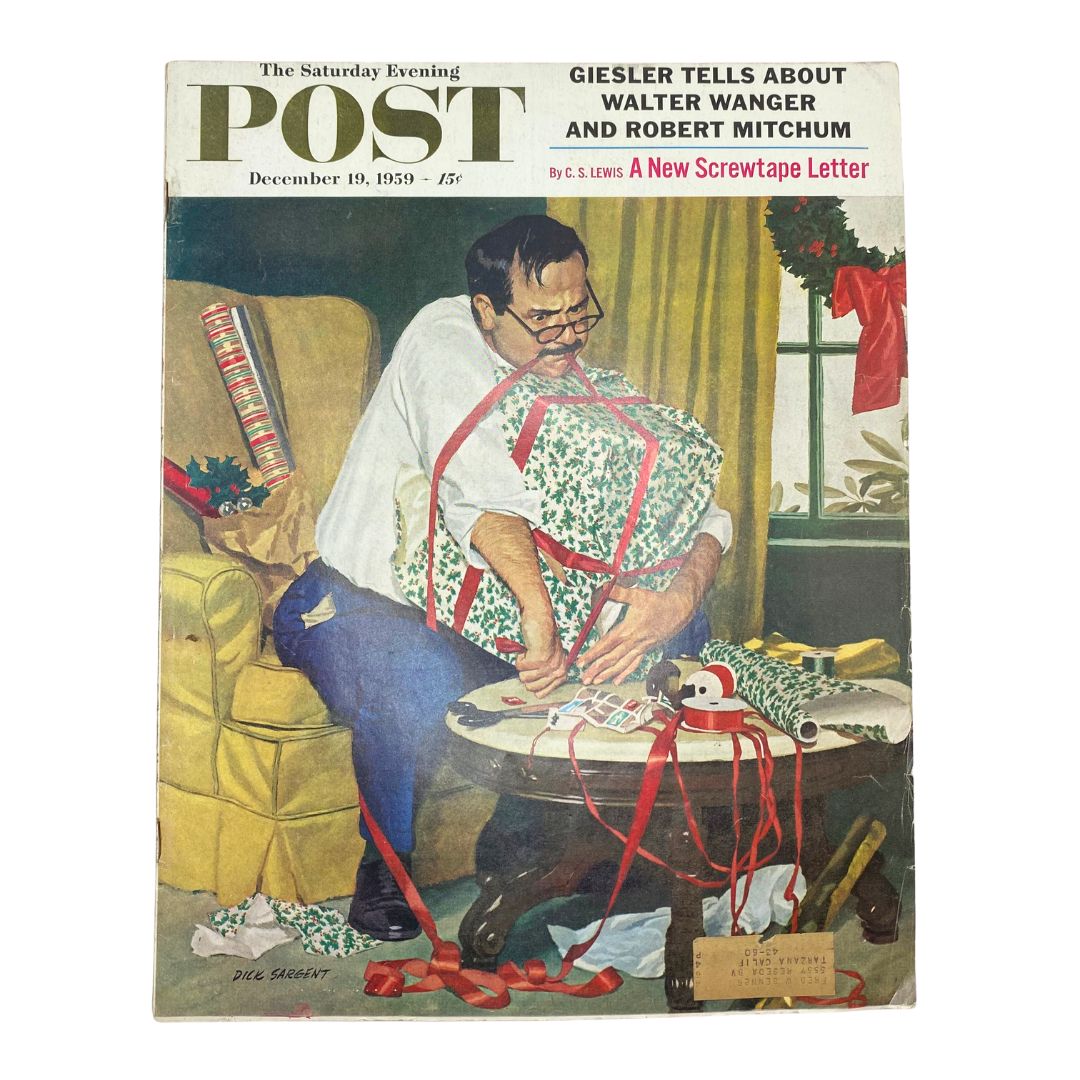 Cover of Saturday Evening Post Magazine dated December 19, 1959, illustrated by Dick Sargent, depicting a man wrapping Christmas gifts with festive decorations.