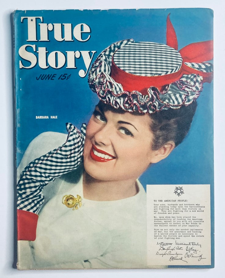 VTG True Story Magazine June 1945 Vol 52 No 5 Barbara Hale cover featuring a smiling woman in a stylish hat and patterned gloves with bright blue background.