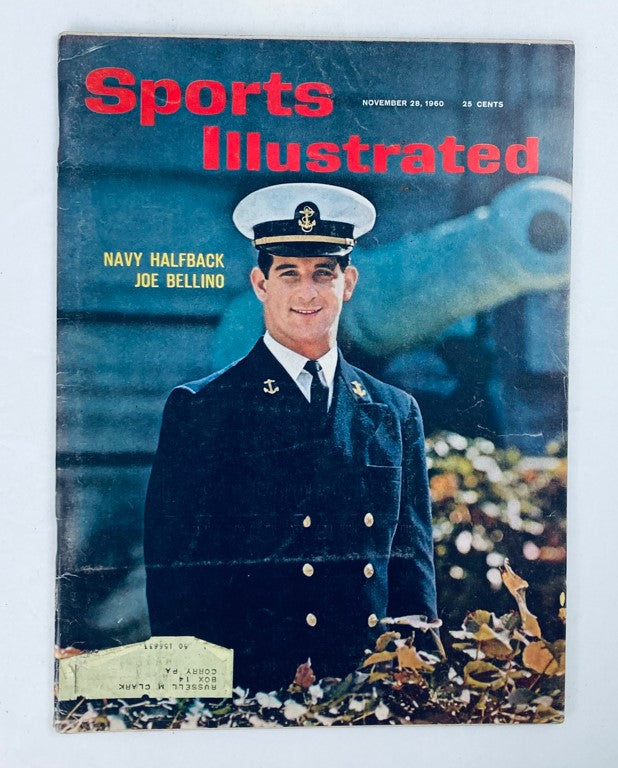 Cover of VTG Sports Illustrated Magazine November 28, 1960, Vol 13 No. 22 featuring Navy Halfback Joe Bellino with a military backdrop.