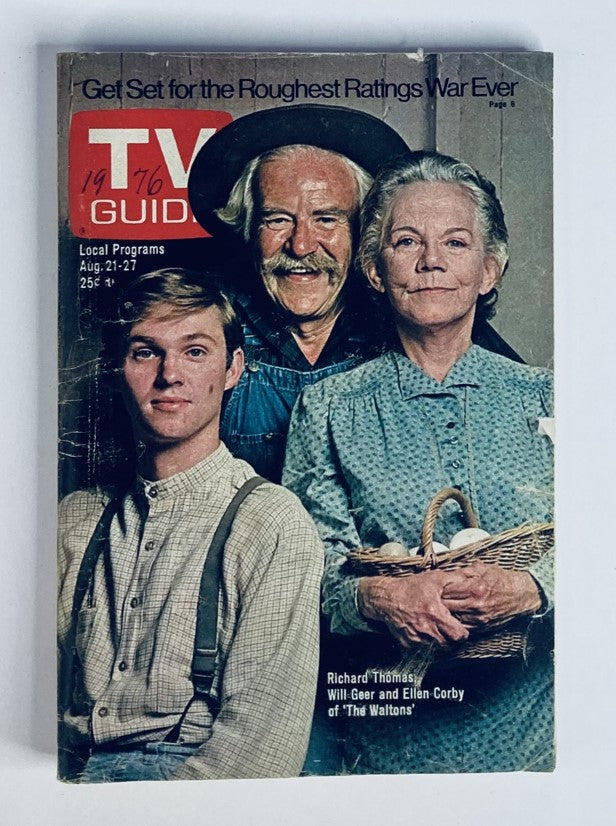 TV Guide Magazine August 21 1976 #1221 featuring Richard Thomas, Will Geer, and Ellen Corby on the cover with a rustic background.