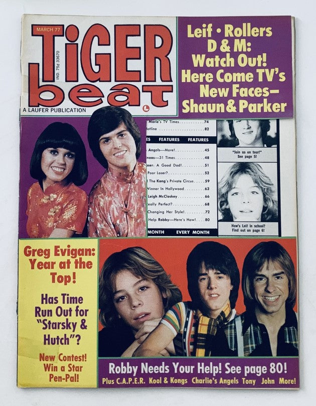 Cover of Tiger Beat Magazine March 1977 featuring Leif Garrett, The Bay City Rollers, and Shaun Cassidy with vibrant colors and classic 70s pop culture themes.