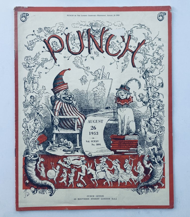 VTG Punch Magazine Cover from August 26, 1953, Vol 225 #5891 featuring humorous illustrations including a clown, animals, and satirical cartoons representing WWII-era humor.