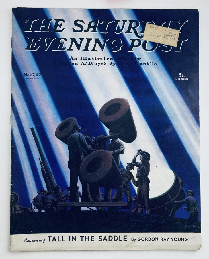 Cover of The Saturday Evening Post Magazine from March 7, 1942, featuring the cover story 'Tall in The Saddle' with artwork depicting a dramatic scene with soldiers and artillery.