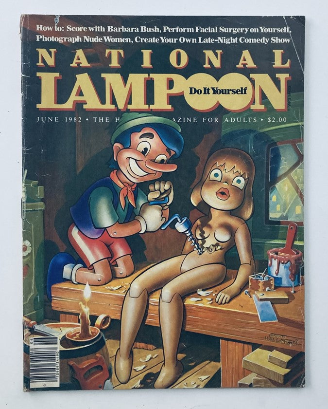 Vintage National Lampoon Magazine June 1982 cover featuring Pinocchio, showcasing comedic illustration and playful humor, a rare collectible for pop culture enthusiasts.