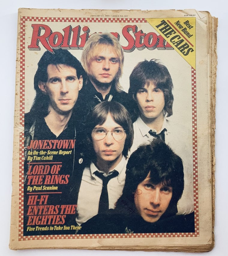 Cover of Vintage Rolling Stone Magazine from January 25, 1979, Issue 283, featuring a prominent article on Jonestown, with an image of five male musicians and bold text highlighting 'The Cars' as Best New Band.