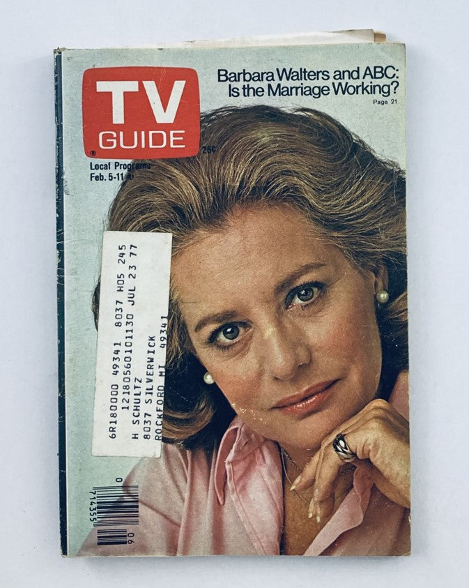 Cover of TV Guide Magazine, February 5, 1977, issue #1245 featuring Barbara Walters. The cover displays a close-up image of Walters, highlighting her signature style and elegance.