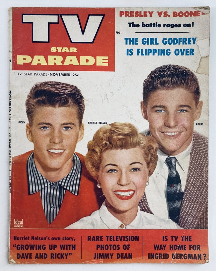 Cover of VTG TV Star Parade Magazine November 1956 featuring Ricky and Harriet Nelson, showcasing classic television stars and nostalgic 1950s culture.