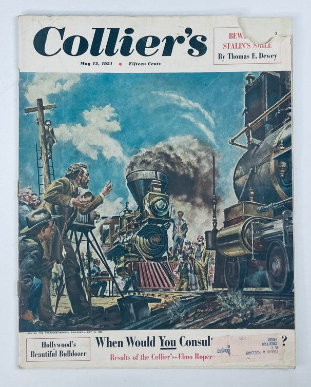 Cover of Collier's Magazine from May 12, 1951, featuring the title 'Beware of Stalin's Smile' with a dramatic painting of a steam train and men in period attire, showcasing mid-20th century Americana.