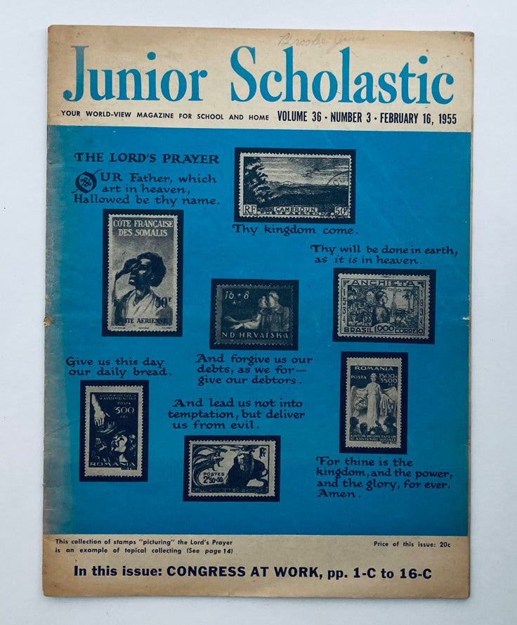 Cover of VTG Junior Scholastic Magazine February 16, 1955, featuring a theme on 'The Lord's Prayer' and showcasing stamps.