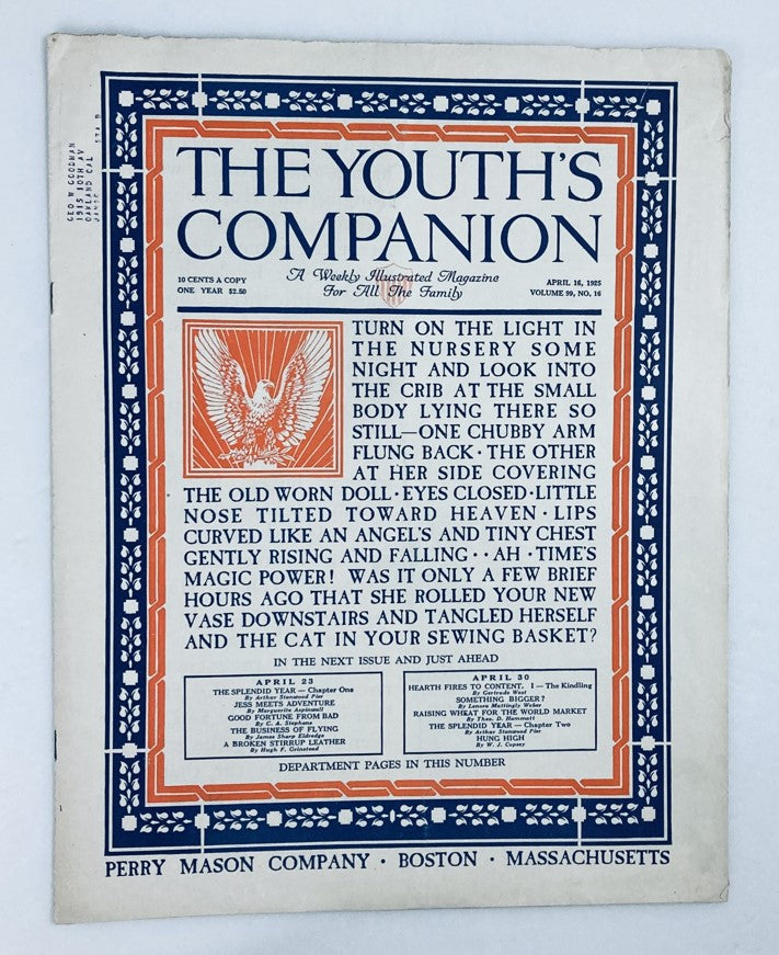 Cover of The Youth's Companion Magazine dated April 16, 1925, Volume 99 No. 16, featuring the title "The Old Worn Doll" with an eagle illustration and vintage typography.
