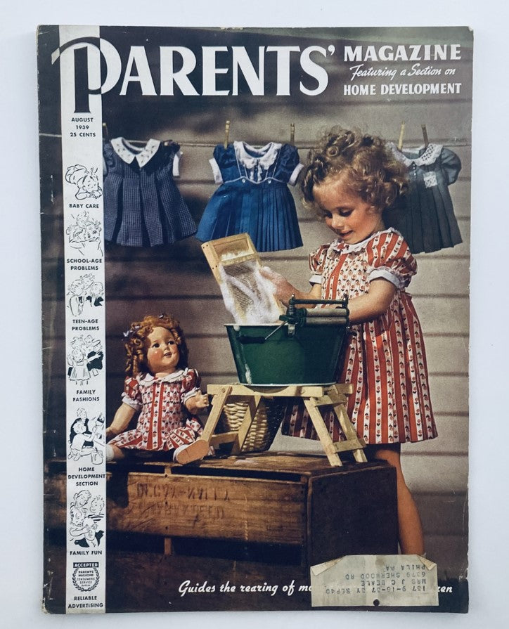 Cover of VTG Parents' Magazine August 1939 titled 'How Well Does Your Child Hear?' featuring a young girl washing a doll in front of colorful dresses, showcasing vintage parenting themes.