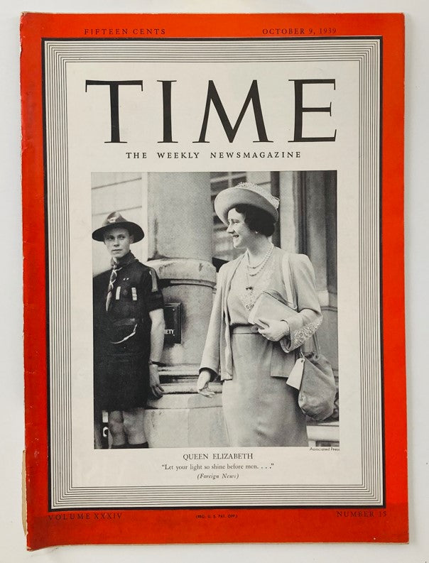 VTG Time Magazine October 9 1939 cover featuring Queen Elizabeth during WWII, showcasing historical significance and vintage design.