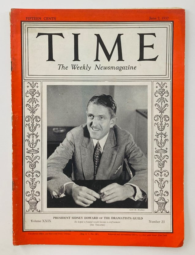 Cover of VTG Time Magazine from June 7, 1937, featuring President Sidney Howard of the Drama Guild, with a portrait and decorative border.