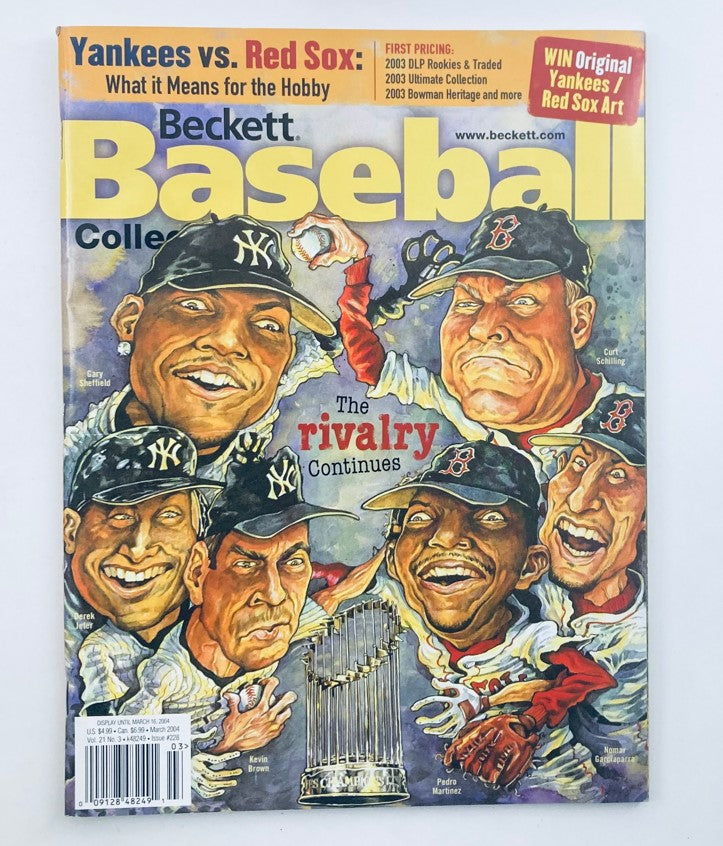 Beckett Baseball Collector March 2004 magazine cover featuring caricatures of baseball players, highlighting the rivalry between Yankees and Red Sox.