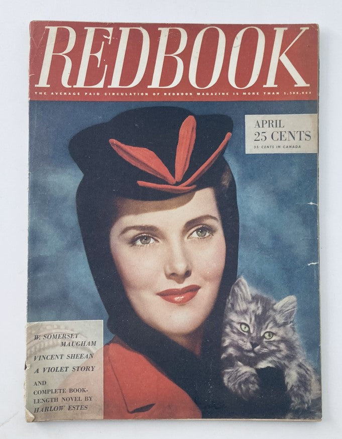 Cover of VTG Redbook Magazine April 1943 featuring a woman in a hat with a cat, highlighting the intriguing story 'The Case of the Rich Recluse.'
