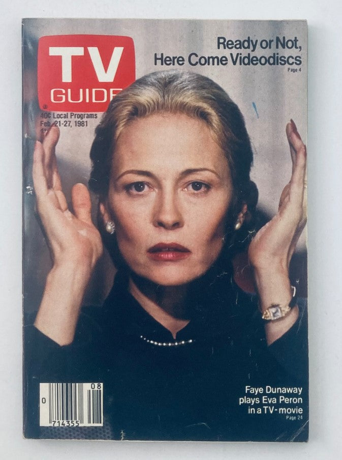 Cover of TV Guide Magazine February 21 1981 featuring Faye Dunaway, showcasing her in a dramatic pose along with the headline about videodiscs.