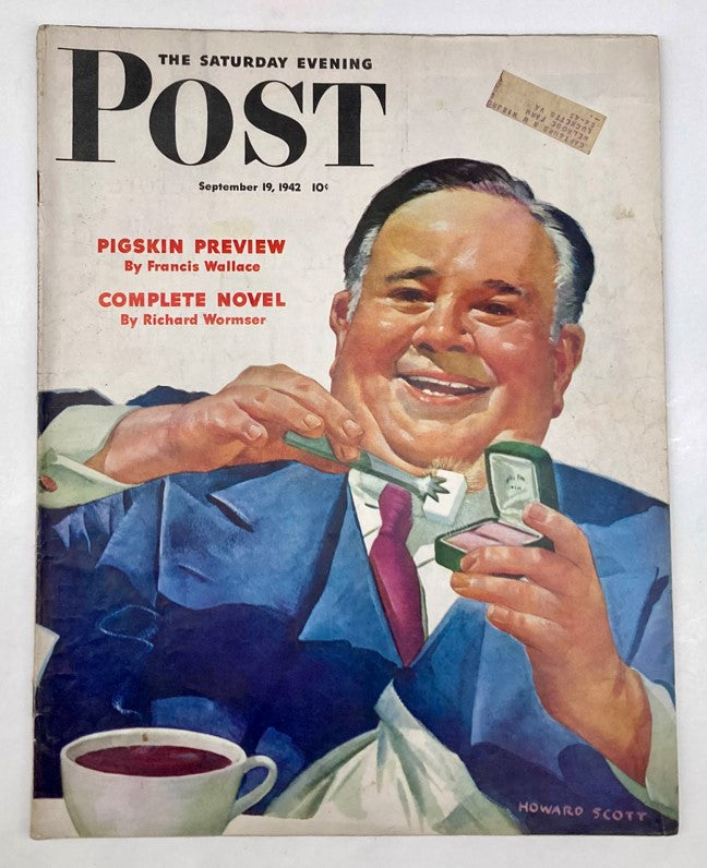 Cover of Saturday Evening Post Magazine September 19 1942 featuring an illustration by Howard Scott depicting a cheerful man with a spoon, representing the magazine's content and vintage aesthetic.