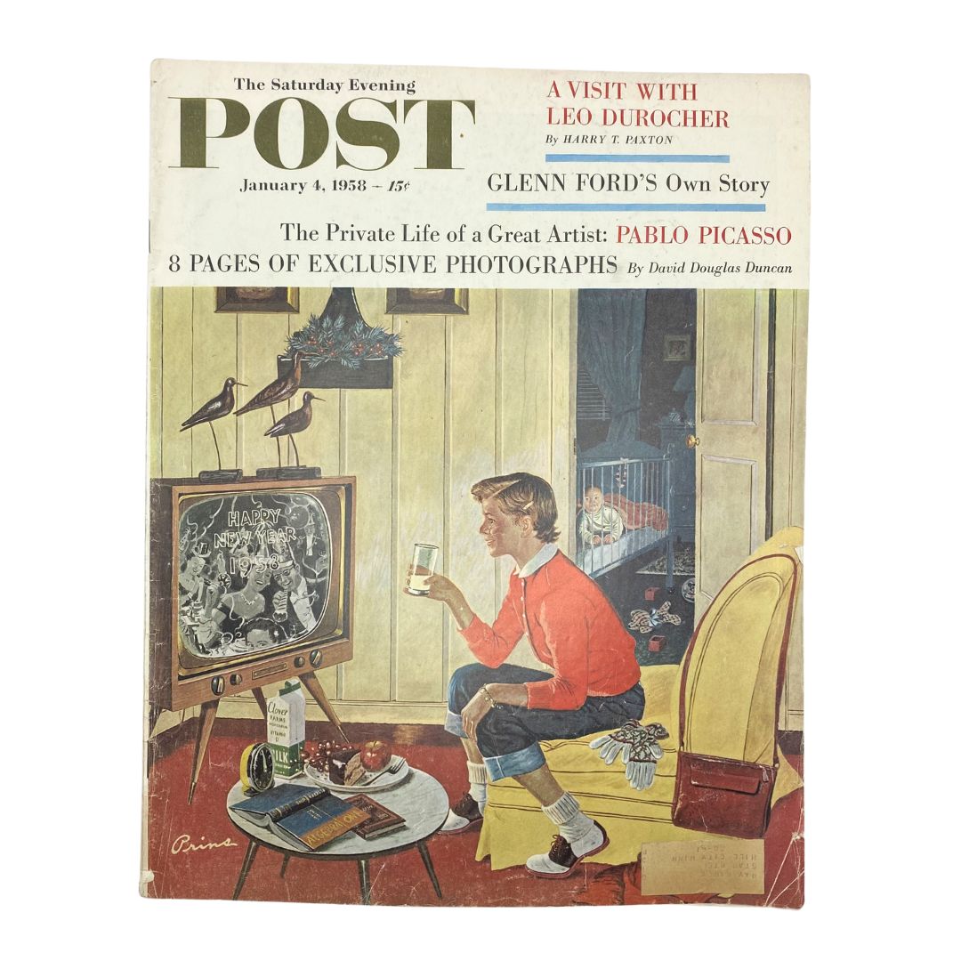 Cover of Saturday Evening Post Magazine January 4, 1958 featuring a nostalgic scene of a young man watching television and celebrating New Year.