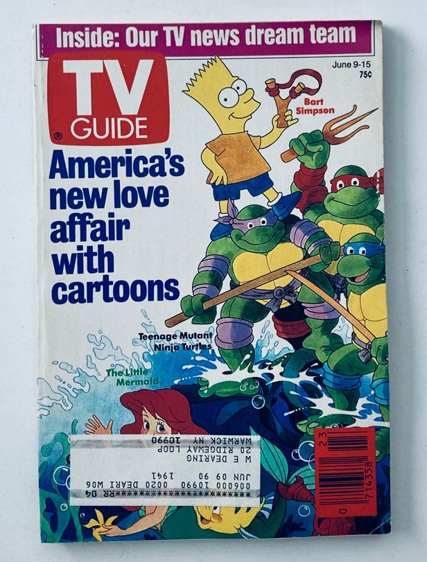 TV Guide Magazine June 9, 1990 featuring Bart Simpson and The Little Mermaid, showcasing America's love affair with cartoons, including Teenage Mutant Ninja Turtles.