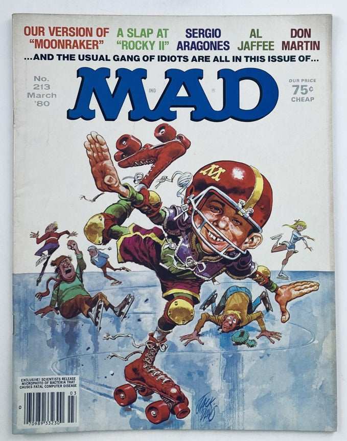 Cover of Mad Magazine March 1980 No. 213 featuring a humorous illustration inspired by James Bond's Moonraker, showcasing an action scene with characters on roller skates, vibrant colors, and satirical elements. Ideal collectible for pop culture enthusiasts.