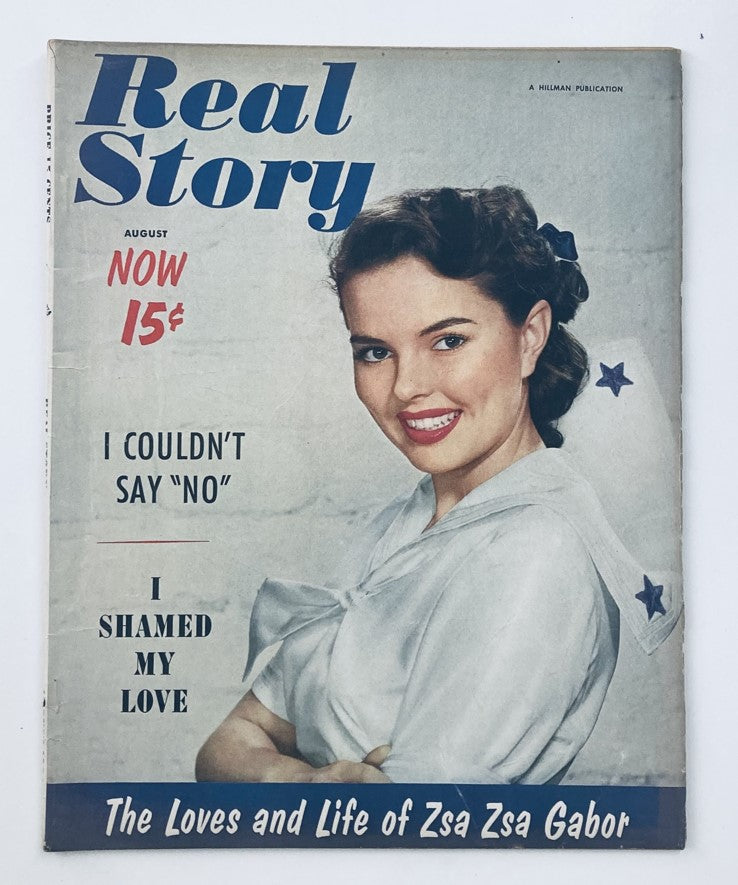 VTG Real Story Magazine August 1954 Vol 13 No. 10 cover featuring a smiling Zsa Zsa Gabor with bold text detailing articles about her life and love stories.