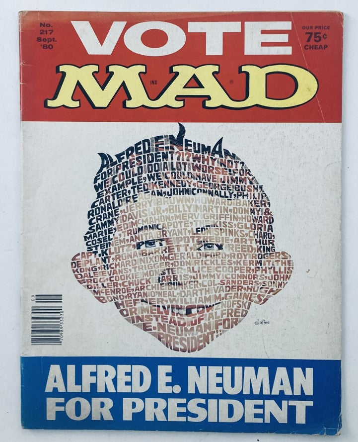Cover of VTG Mad Magazine September 1980 No. 217 featuring 'Alfred for President' with a creative illustration and title 'VOTE MAD'. This vintage collectible magazine is priced at 75 cents.