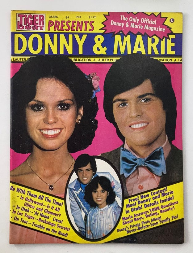 VTG Tiger Beat Magazine Presents 1977 Vol 1 #2 featuring Donny and Marie Osmond on the cover, showcasing their youthful charm and bright smiles, complete with a colorful background.