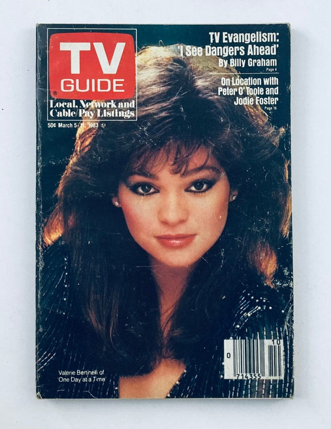 TV Guide Magazine March 5 1983 featuring Valerie Bertinelli on the cover, showcasing articles about TV evangelism and various cable listings.