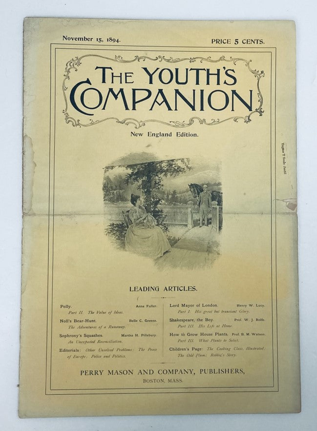 Cover page of The Youth's Companion Magazine, November 15, 1894, featuring an illustration and the magazine's title, highlighting its historical significance.