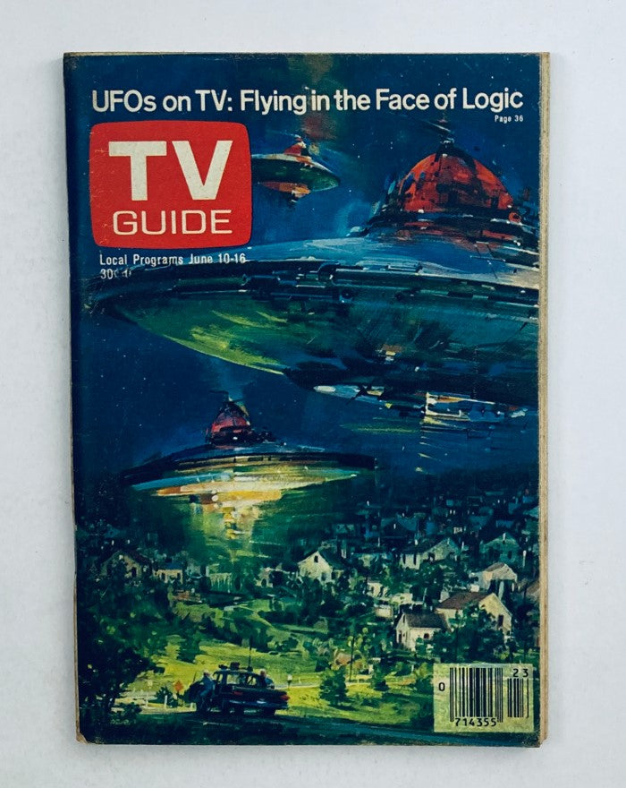 TV Guide Magazine June 10 1978 featuring UFOs on TV. The cover depicts flying saucers over a suburban landscape with a car below, showcasing a vintage science fiction theme.