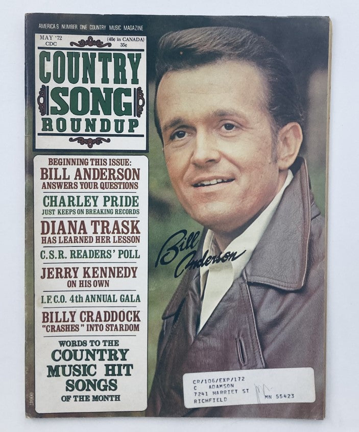 Cover of the May 1972 Country Song Roundup magazine featuring Bill Anderson and Charley Pride. Vintage music publication highlighting iconic country artists, with Bill Anderson's signature and articles about country music hits and news.