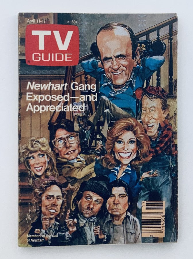 Cover of TV Guide Magazine from April 11, 1987 featuring the title 'Newhart Gang Exposed—and Appreciated'. The cover showcases caricatures of the main cast members of the TV show 'Newhart'.