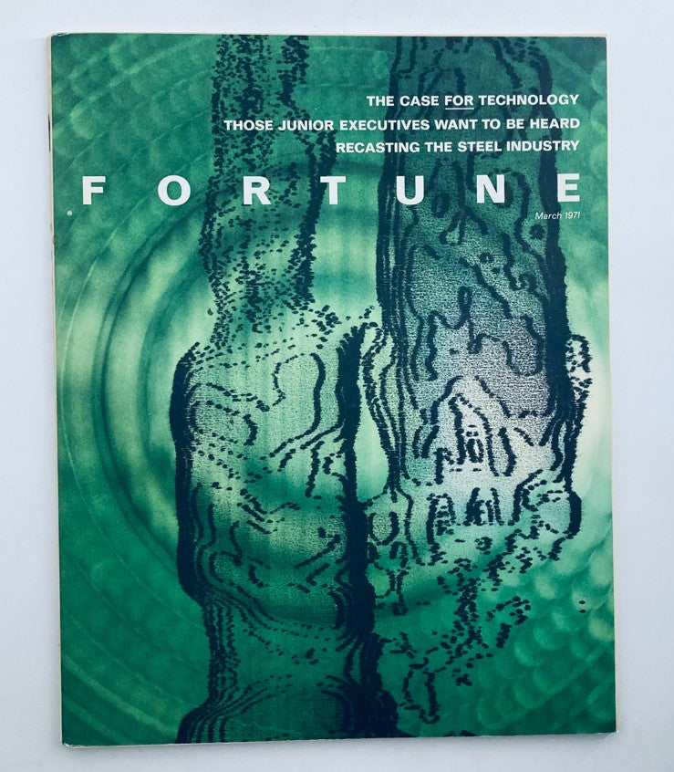 Cover of the vintage Fortune Magazine from March 1971, titled 'The Case for Technology', featuring a vibrant green design with the text 'FORTUNE' prominently displayed. The issue discusses technological advancements impacting industries.
