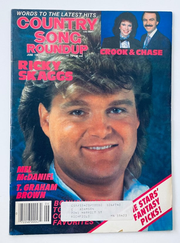 Cover of VTG Country Song Roundup Magazine June 1987 featuring Ricky Skaggs, Crook & Chase, showcasing vibrant colors and vintage design, highlighting prominent country music stars.