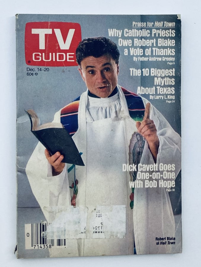 TV Guide Magazine December 14 1985 featuring Robert Blake on the cover, showcasing topics including Praise for Hell Town, Catholic Priests' gratitude towards Robert Blake, and a feature interview with Bob Hope.