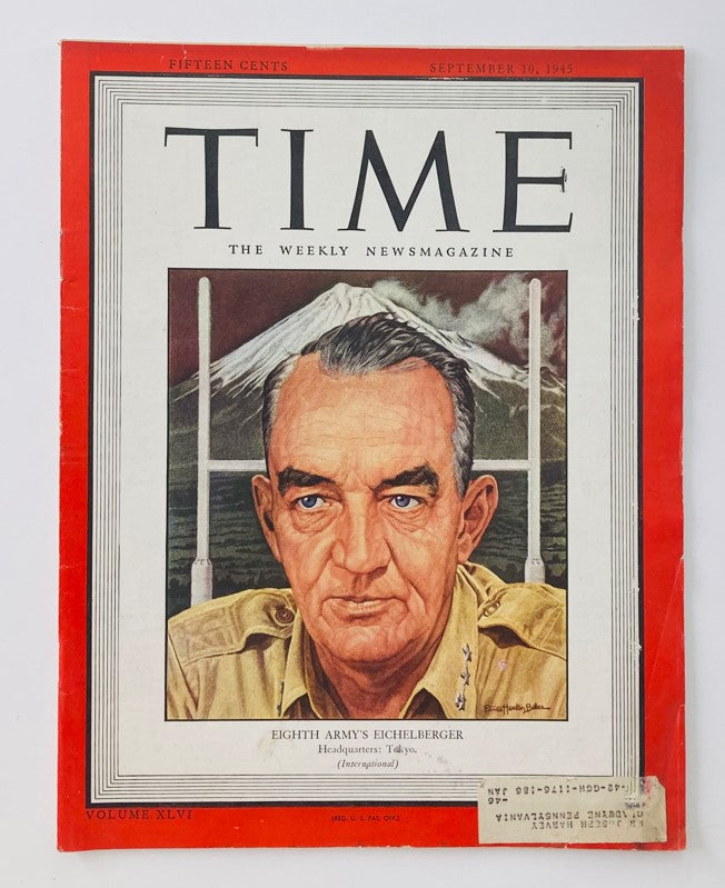 Vintage Time Magazine cover from September 10, 1945, Volume 46, No. 11, featuring General Robert L. Eichelberger. This historical publication captures a significant moment after World War II.