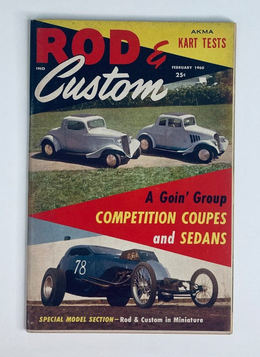 Cover of VTG Rod & Custom Magazine February 1960 featuring competition coupes and sedans. It showcases classic cars with a vibrant design highlighting the theme of automotive excellence.