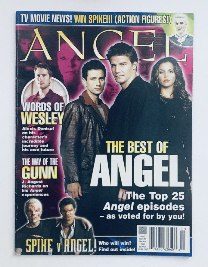 Cover of Angel Magazine March 2005 #8 featuring David Boreanaz, Alexis Denisof, and other cast members, highlighting the theme 'The Best of Angel' with articles on top Angel episodes and movie news.