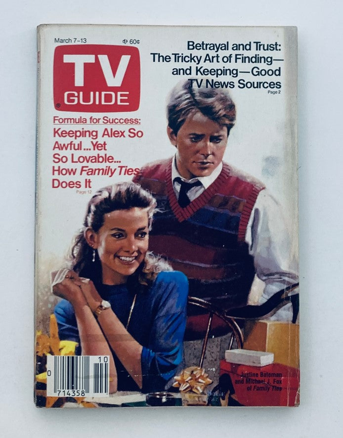 TV Guide Magazine cover from March 7, 1987 featuring Michael J. Fox and Justine Bateman. The captivating cover highlights the show's theme and includes the magazine's title and relevant articles. A valuable collectible for fans of Family Ties and television history.