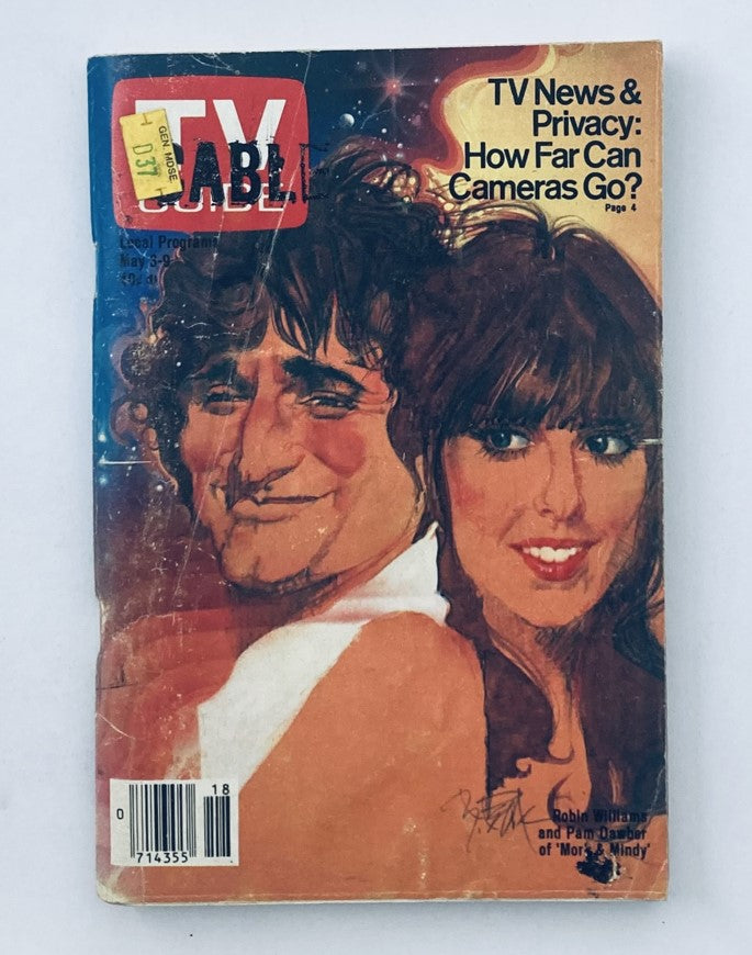 TV Guide Magazine May 3, 1980 featuring caricatures of Robin Williams and Pam Dawber from 'Mork & Mindy', with a worn cover and visible creases, showcasing a piece of television memorabilia.