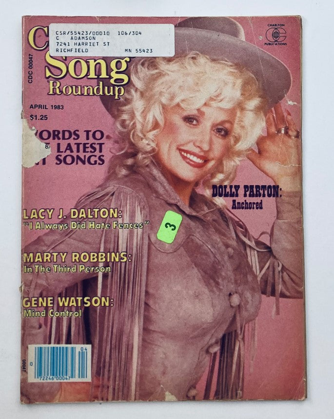 VTG Country Song Roundup Magazine April 1983 featuring Dolly Parton on the cover, showcasing her iconic style and vibrant personality.