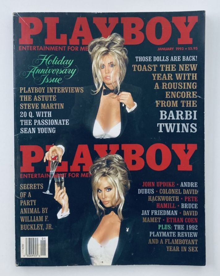 Playboy Magazine January 1993 featuring Echo Johnson on the cover, showcasing the Holiday Anniversary issue with articles and images reflecting early '90s pop culture.