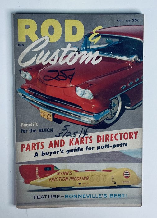 Vintage Rod & Custom Magazine cover from July 1959 featuring a Buick facelift and a parts directory for karts.