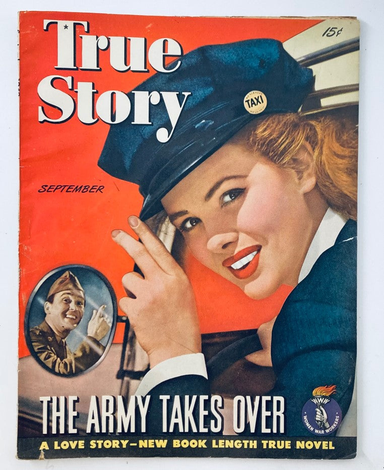 Cover of VTG True Story Magazine from September 1943, Volume 49, Number 2, featuring the title 'The Army Takes Over' with an illustration of a woman in a taxi hat signaling. This vintage magazine reflects wartime narratives related to World War II.