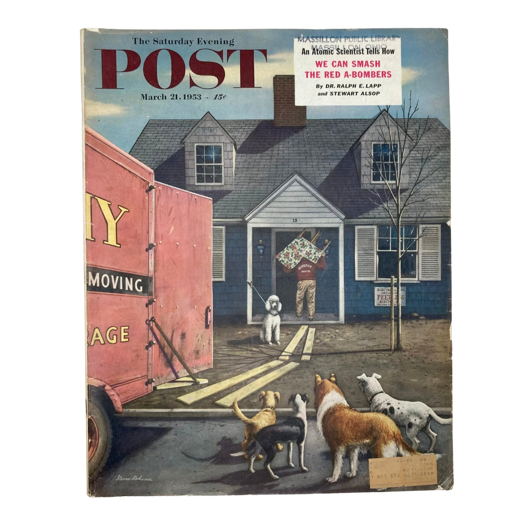 Cover of Saturday Evening Post Magazine March 21, 1953 featuring 'Monotonous Verbs' by Stevan Dohanos, showcasing a whimsical scene with a moving truck and playful dogs.
