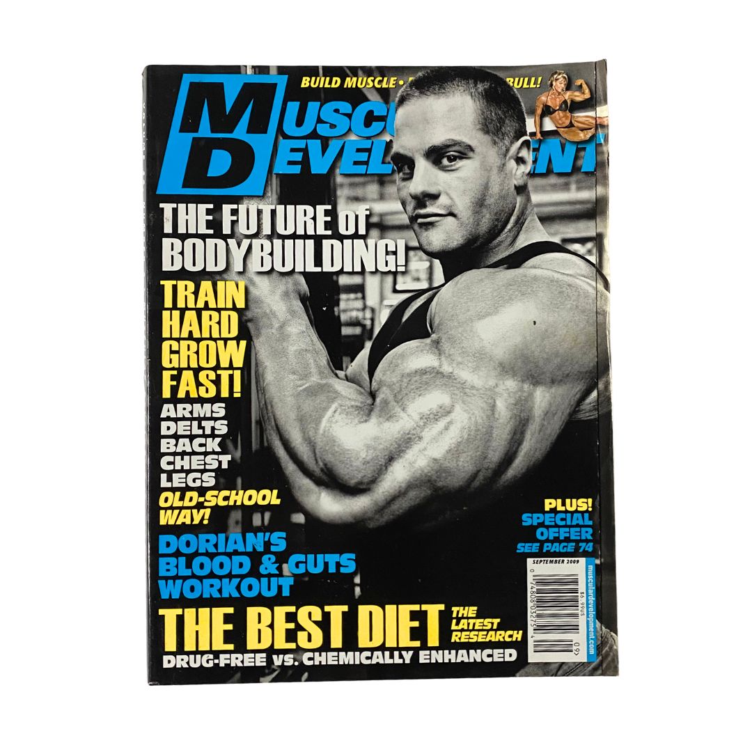 Muscular Development Magazine September 2009 featuring Evan Centopani on the cover, showcasing bodybuilding insights, fitness tips, and training regimens.